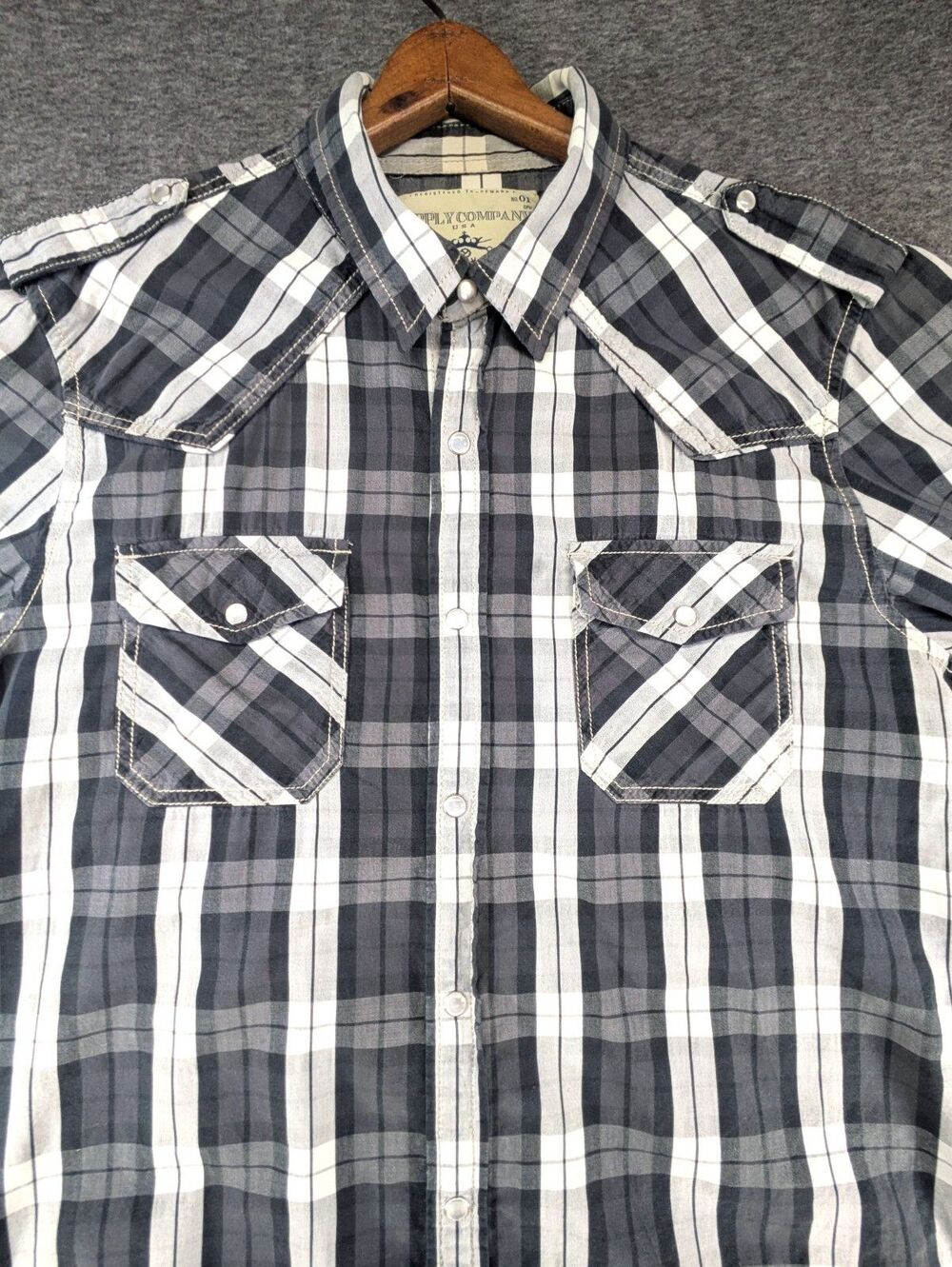 Supply Company Pearl Snap Roll Sleeve Gray Plaid Shirt Western Mens Size L
